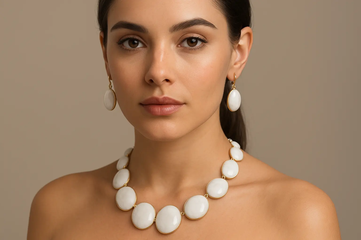 women wearing artificial white stone necklace and earrings