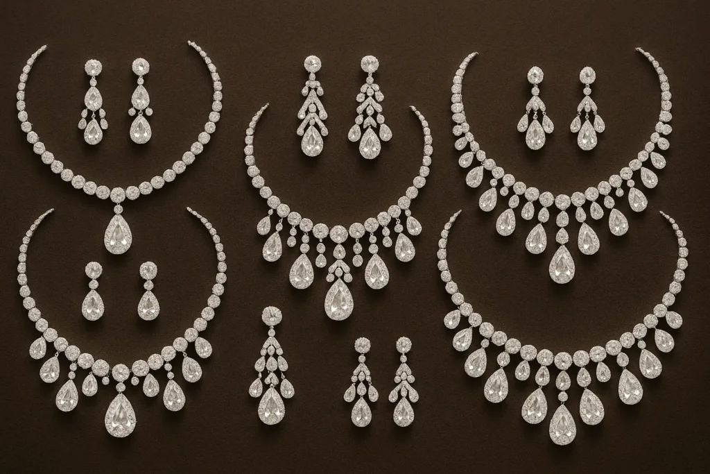 white necklace sets showcasing on brown background