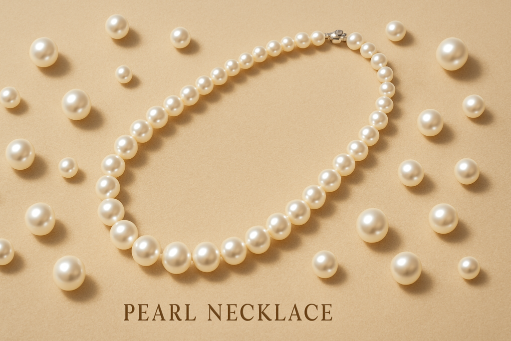 Elegant artificial pearl necklace arranged in a graceful loop on a plain beige carpet, surrounded by scattered individual pearls, creating a luxurious and sophisticated display.