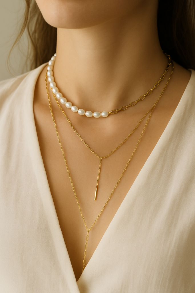 Close-up of a woman wearing a pearl necklace layered with gold chokers and long chains for a chic style.