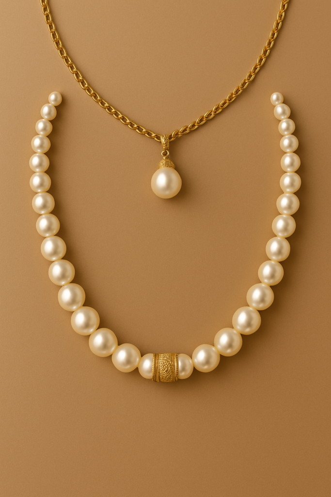 Pearl necklace paired with a gold chain choker featuring a pearl pendant on a beige background.
