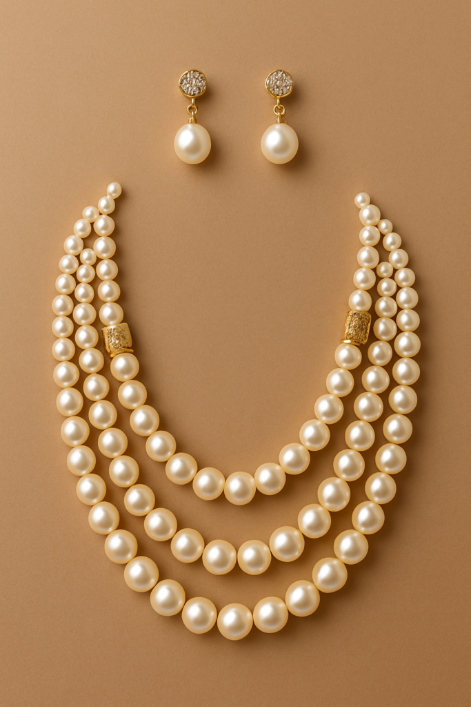 Elegant pearl necklace with crystal drop earrings for wedding looks.