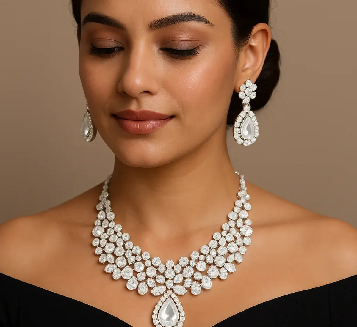 women with white stone necklace and earrings set